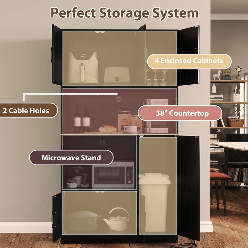 71" Tall Kitchen Pantry Cabinet With Charging Station, Black