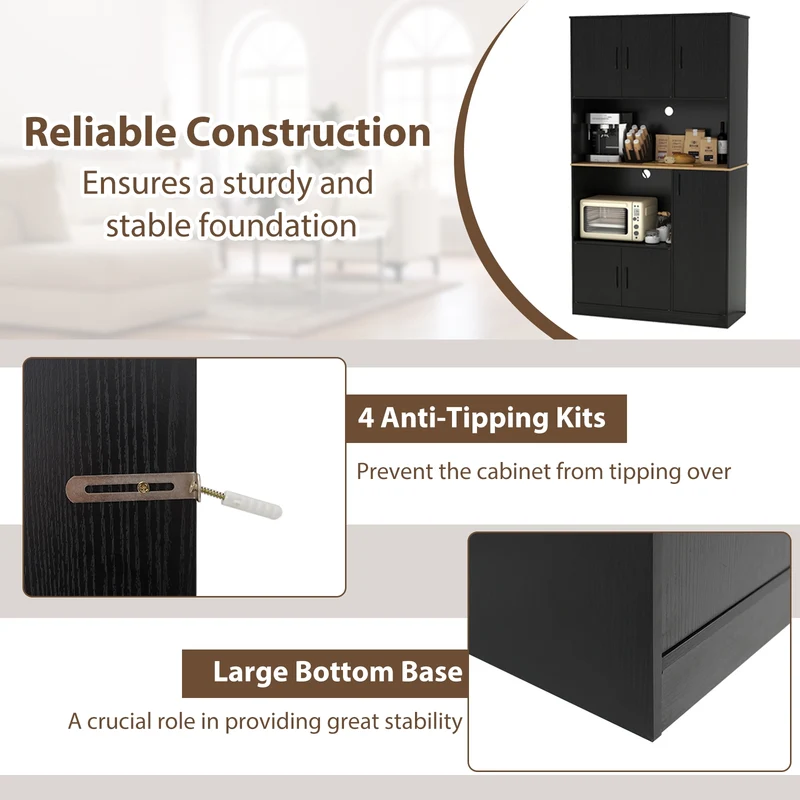 71" Tall Kitchen Pantry Cabinet With Charging Station, Black
