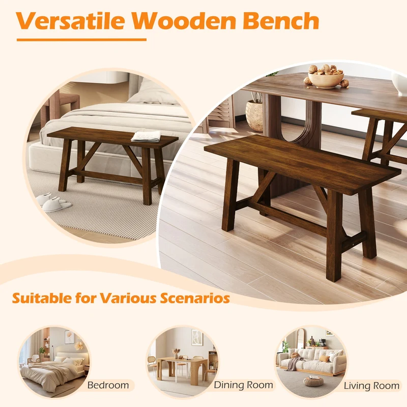 Wooden Entryway Bench, Farmhouse Dining Bench, 400 LBS Weight Capacity, Brown