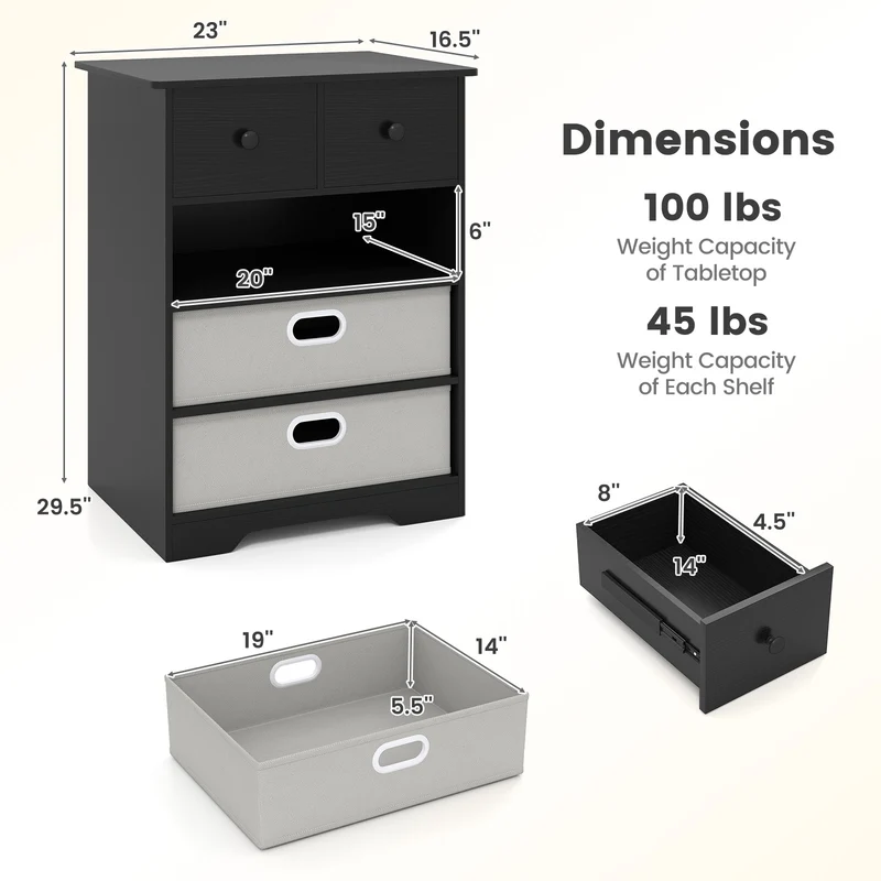 4-Drawer Dresser, Modern Chest Storage Organizer, Black