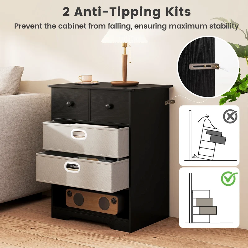 4-Drawer Dresser, Modern Chest Storage Organizer, Black