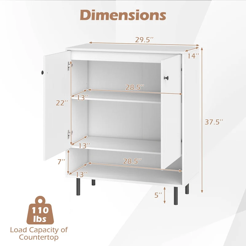 2-Door Sideboard Buffet Cabinet, Adjustable Shelf, White