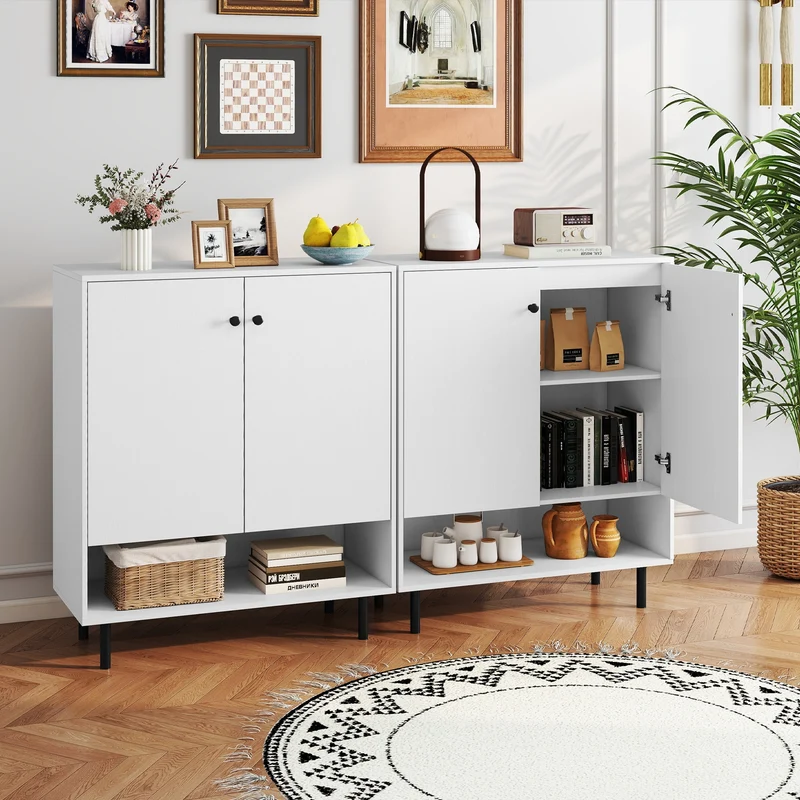 2-Door Sideboard Buffet Cabinet, Adjustable Shelf, White