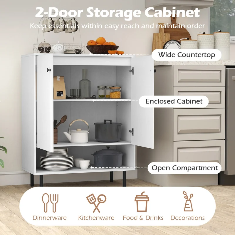 2-Door Sideboard Buffet Cabinet, Adjustable Shelf, White