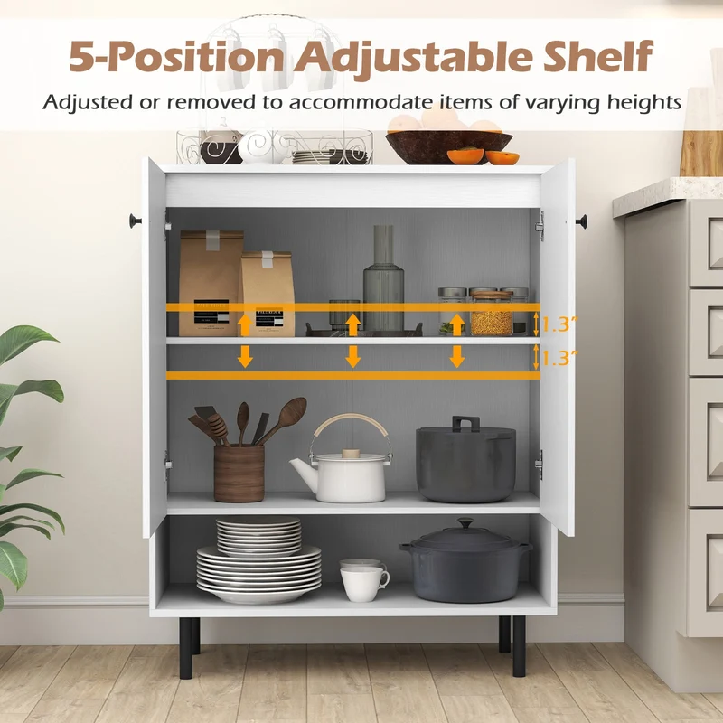 2-Door Sideboard Buffet Cabinet, Adjustable Shelf, White