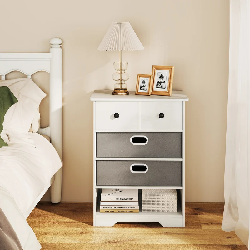 4-Drawer Dresser, Modern Chest Storage Organizer With Open Shelves, White