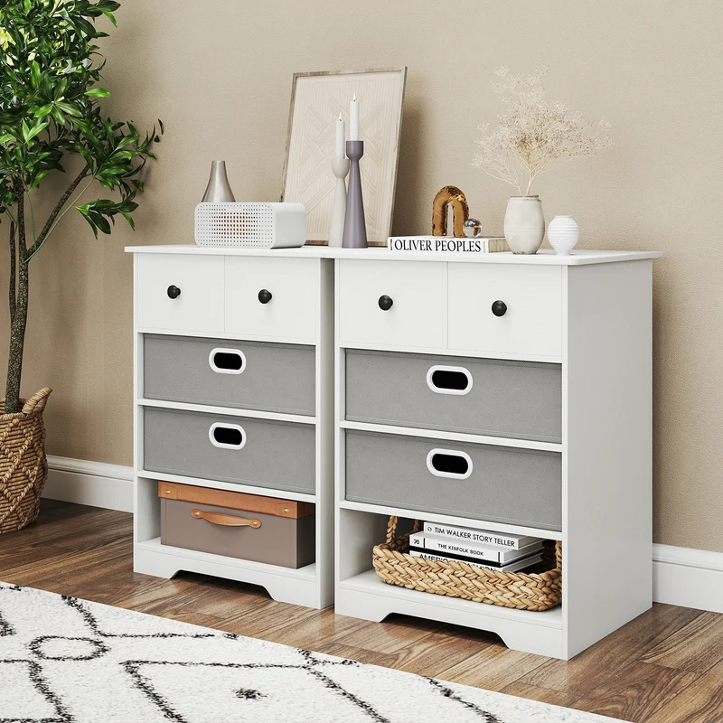 4-Drawer Dresser, Modern Chest Storage Organizer With Open Shelves, White