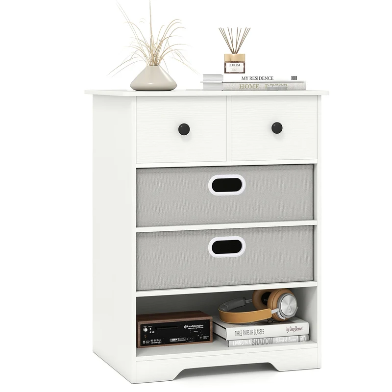4-Drawer Dresser, Modern Chest Storage Organizer With Open Shelves, White