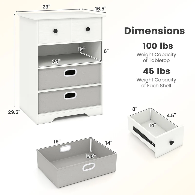 4-Drawer Dresser, Modern Chest Storage Organizer With Open Shelves, White