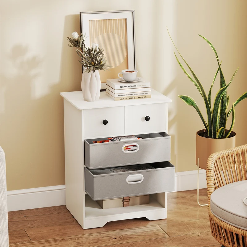 4-Drawer Dresser, Modern Chest Storage Organizer With Open Shelves, White