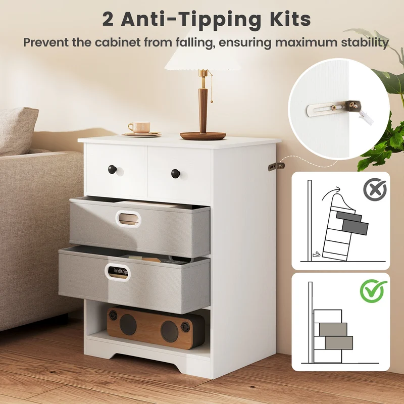 4-Drawer Dresser, Modern Chest Storage Organizer With Open Shelves, White