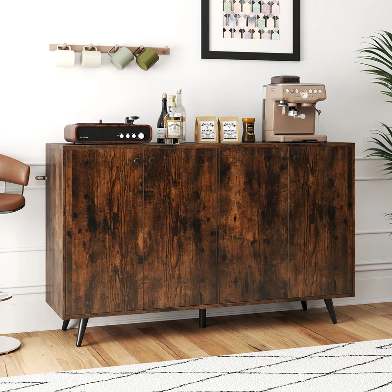 Mid Century Modern Buffet Sideboard, Adjustable Shelves, Brown