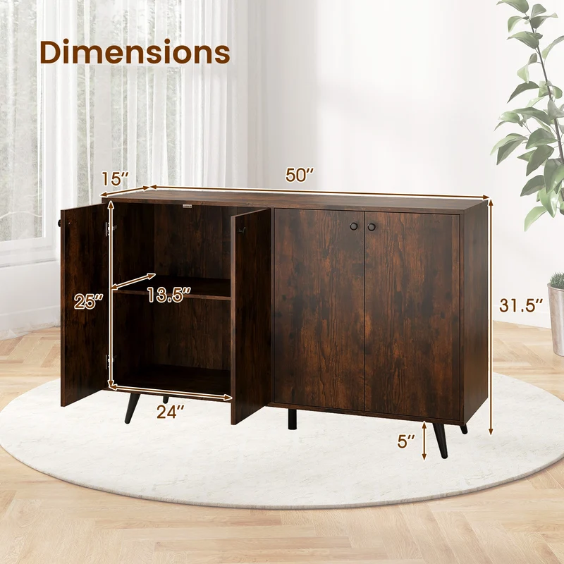 Mid Century Modern Buffet Sideboard, Adjustable Shelves, Brown