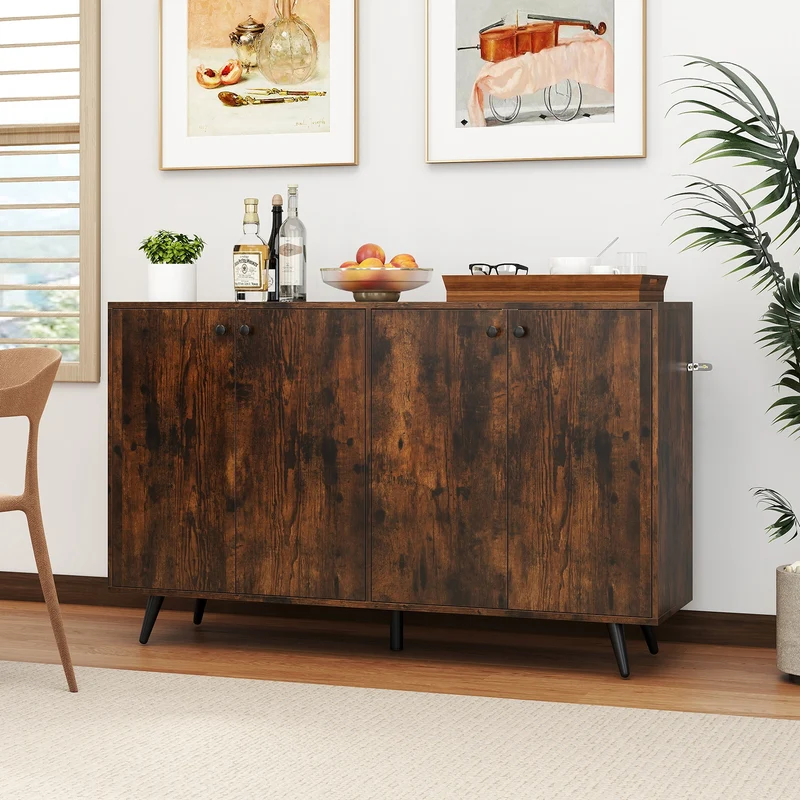 Mid Century Modern Buffet Sideboard, Adjustable Shelves, Brown