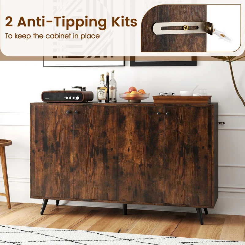 Mid Century Modern Buffet Sideboard, Adjustable Shelves, Brown