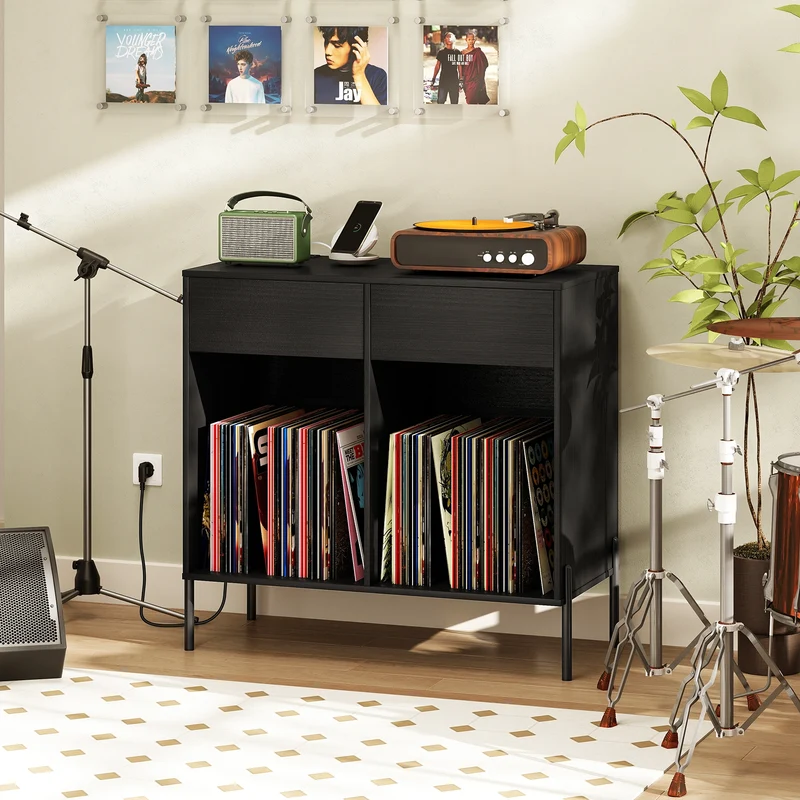 Double Wide Turntable Stand, Vinyl Record Storage Table, Black