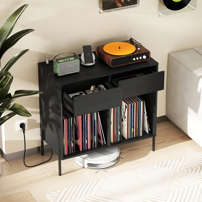Double Wide Turntable Stand, Vinyl Record Storage Table, Black