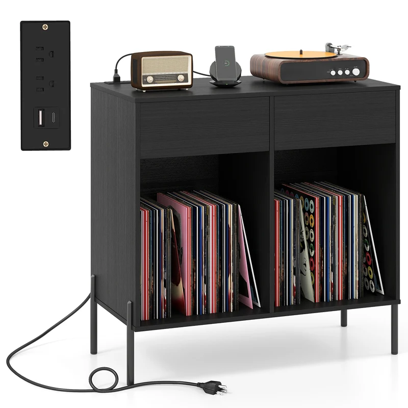 Double Wide Turntable Stand, Vinyl Record Storage Table, Black