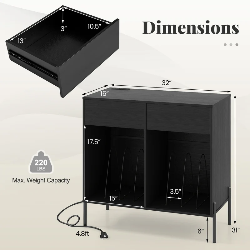 Double Wide Turntable Stand, Vinyl Record Storage Table, Black