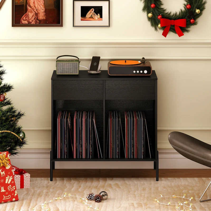 Double Wide Turntable Stand, Vinyl Record Storage Table, Black