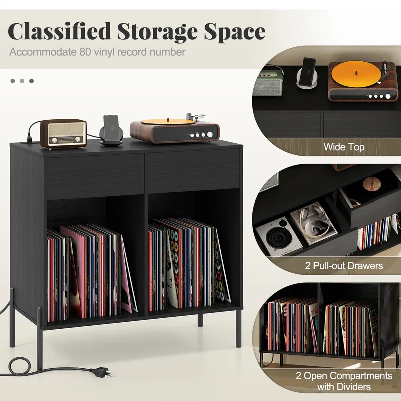 Double Wide Turntable Stand, Vinyl Record Storage Table, Black