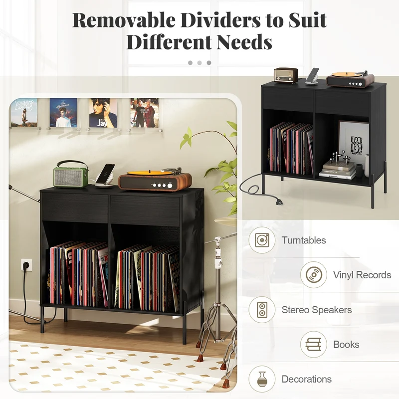 Double Wide Turntable Stand, Vinyl Record Storage Table, Black