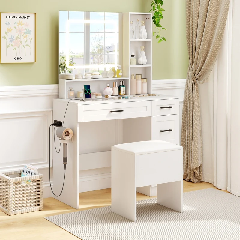 Vanity Stool With Flip Top Storage, Soft Padded Seat, White