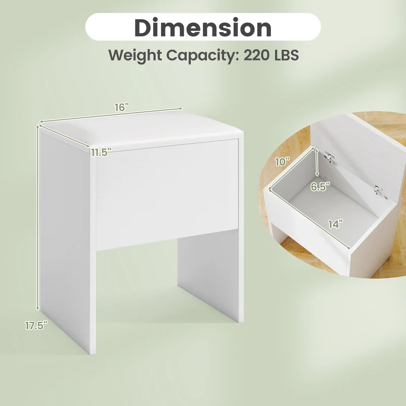 Vanity Stool With Flip Top Storage, Soft Padded Seat, White
