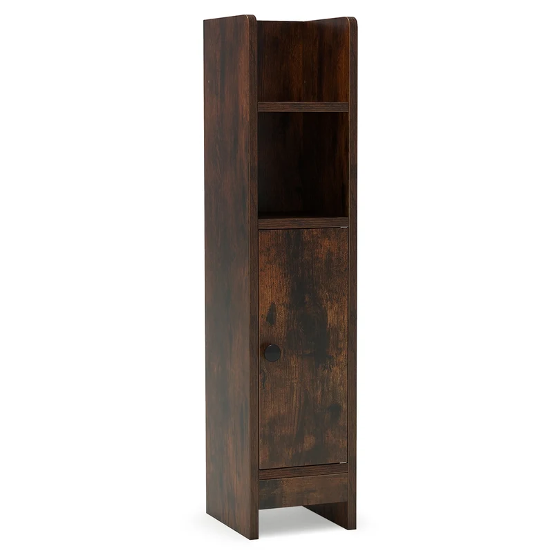 Slim Corner Bathroom Cabinet With Door, Adjustable Shelf, Coffee