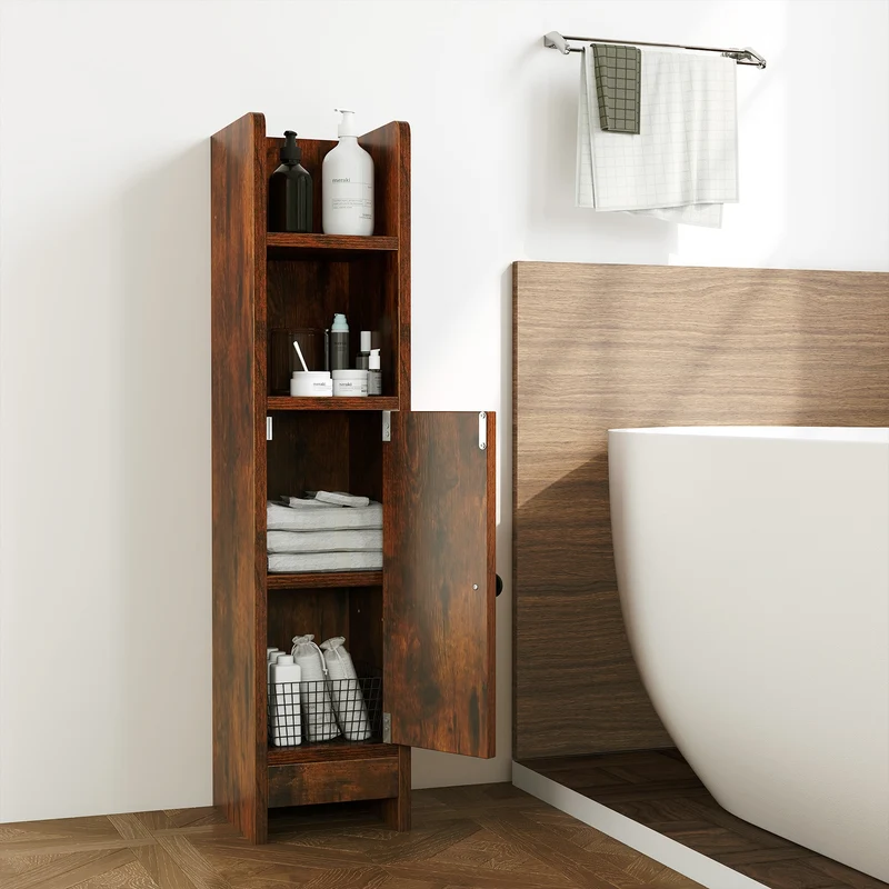 Slim Corner Bathroom Cabinet With Door, Adjustable Shelf, Coffee