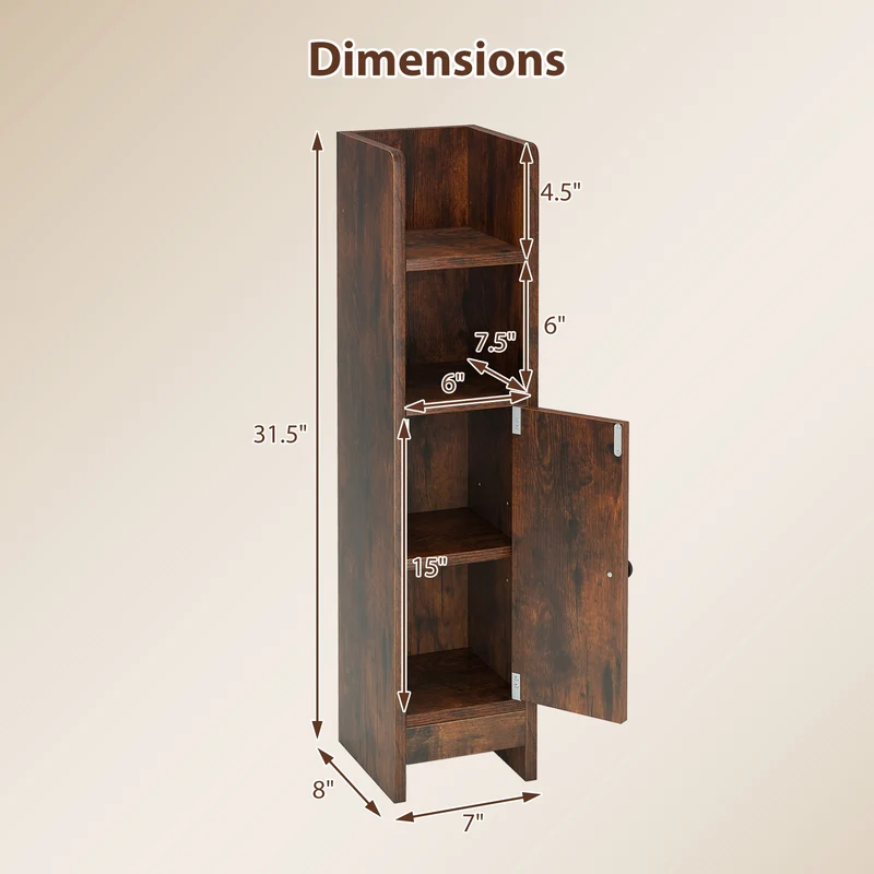 Slim Corner Bathroom Cabinet With Door, Adjustable Shelf, Coffee