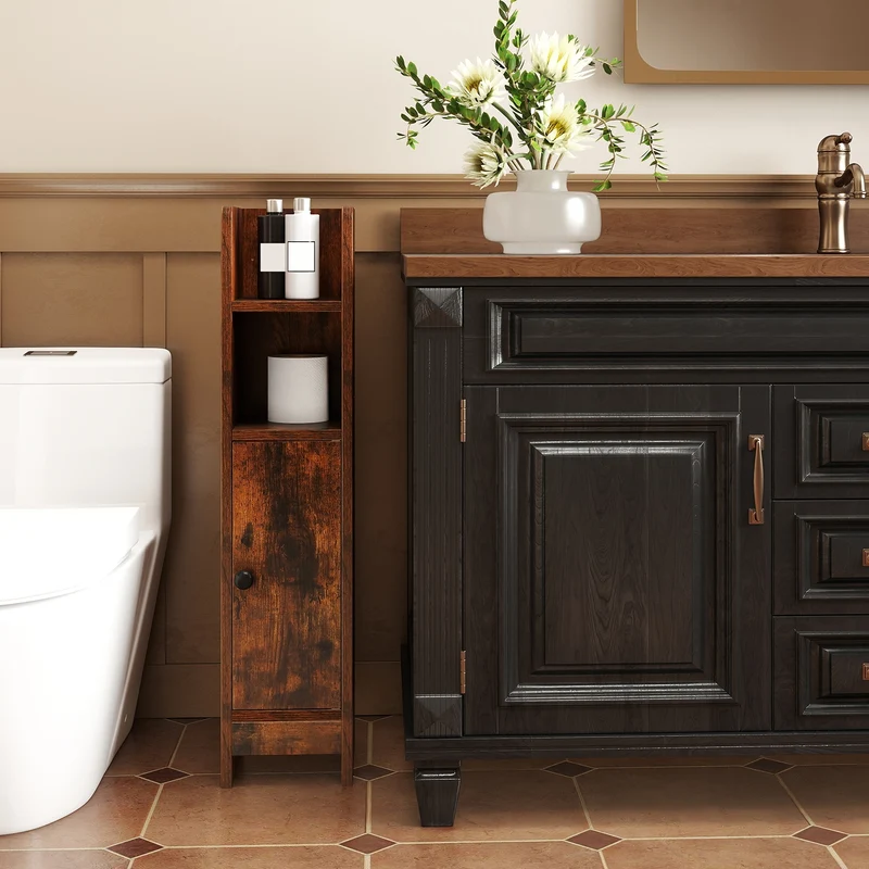 Slim Corner Bathroom Cabinet With Door, Adjustable Shelf, Coffee