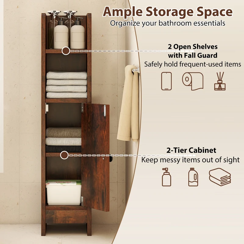 Slim Corner Bathroom Cabinet With Door, Adjustable Shelf, Coffee