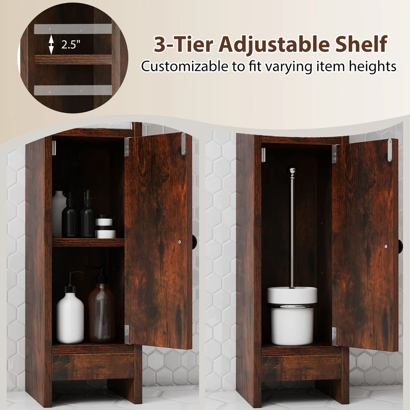 Slim Corner Bathroom Cabinet With Door, Adjustable Shelf, Coffee