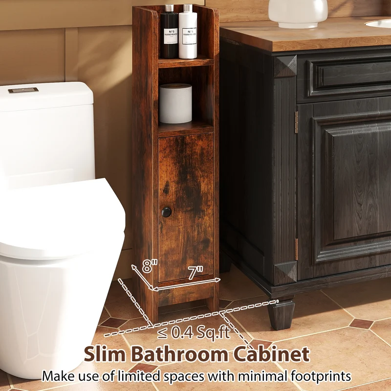 Slim Corner Bathroom Cabinet With Door, Adjustable Shelf, Coffee