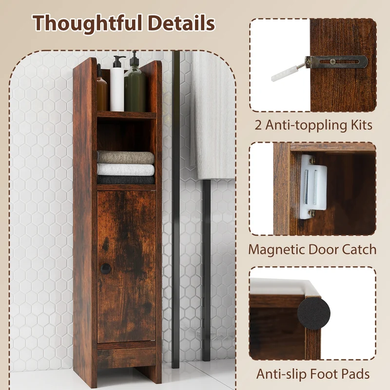 Slim Corner Bathroom Cabinet With Door, Adjustable Shelf, Coffee