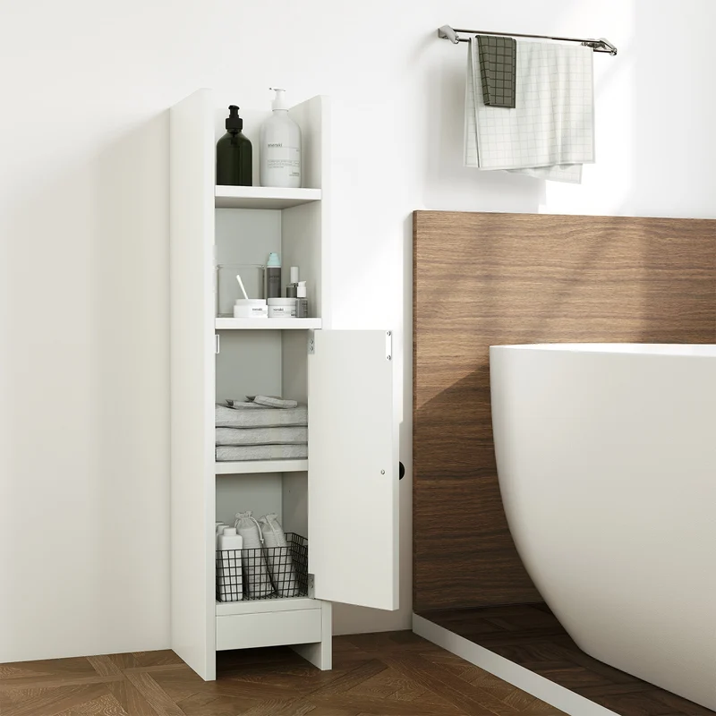 Slim Corner Bathroom Cabinet With Door, Adjustable Shelf, White