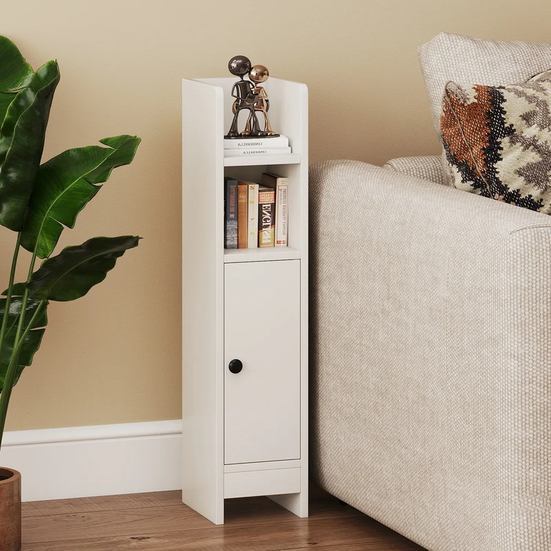Slim Corner Bathroom Cabinet With Door, Adjustable Shelf, White