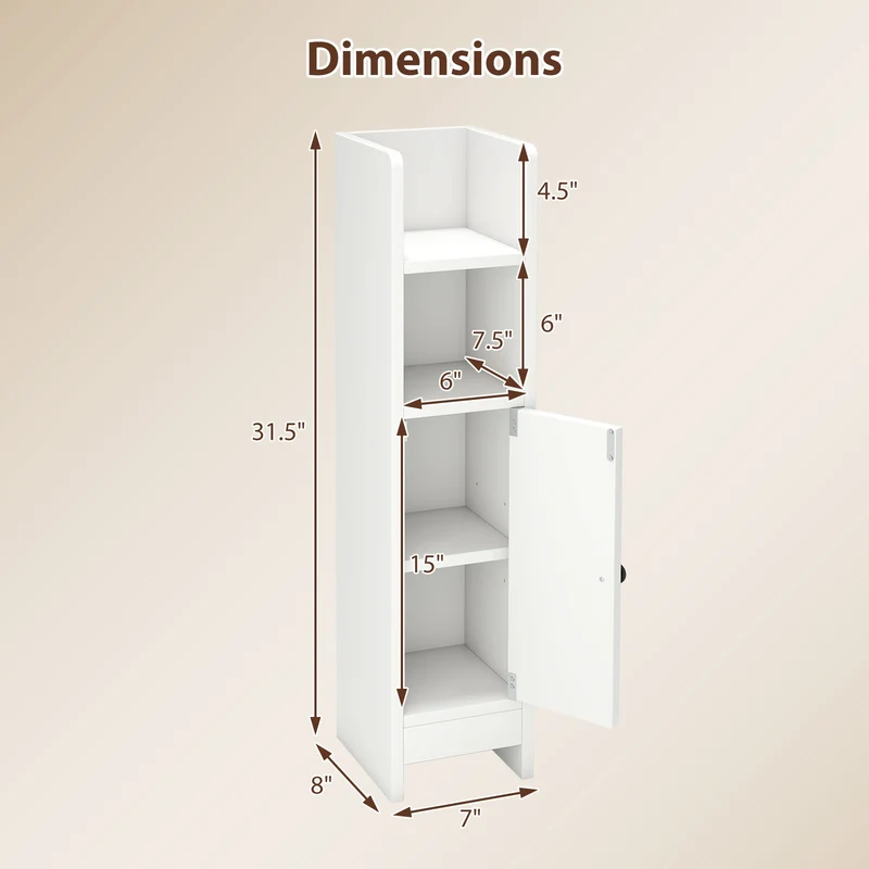 Slim Corner Bathroom Cabinet With Door, Adjustable Shelf, White