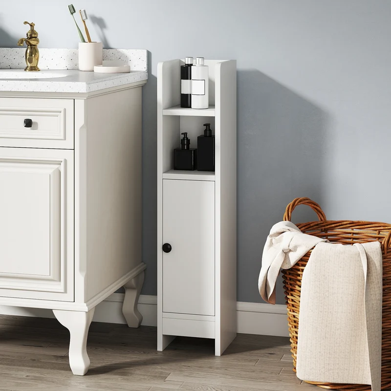 Slim Corner Bathroom Cabinet With Door, Adjustable Shelf, White