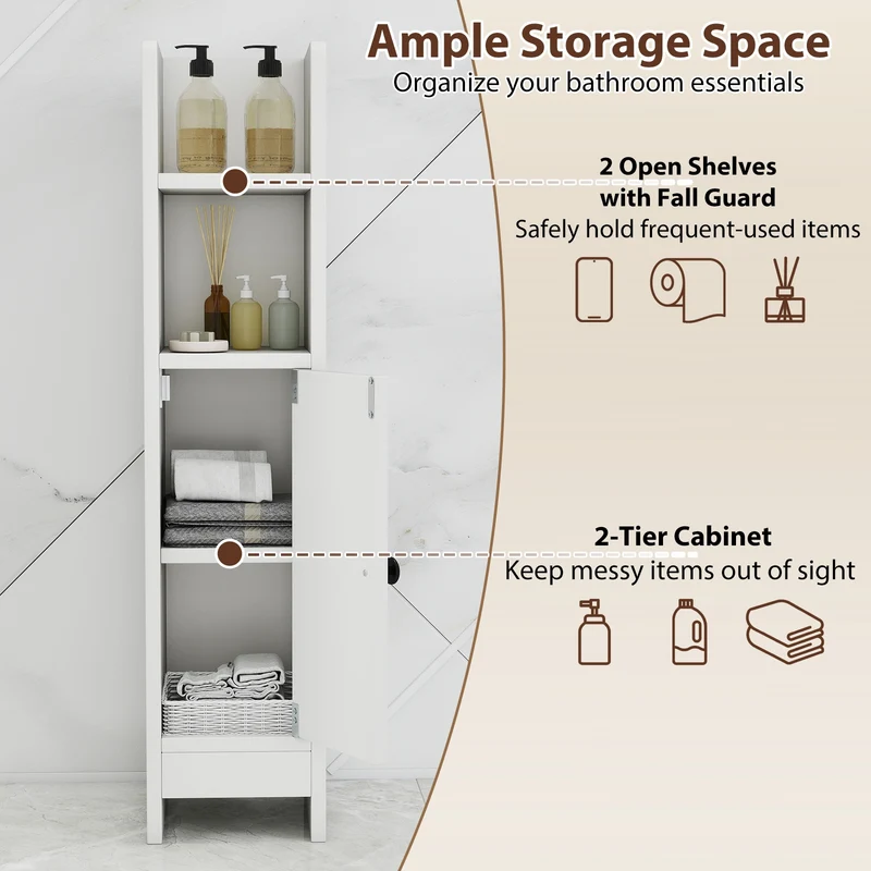 Slim Corner Bathroom Cabinet With Door, Adjustable Shelf, White