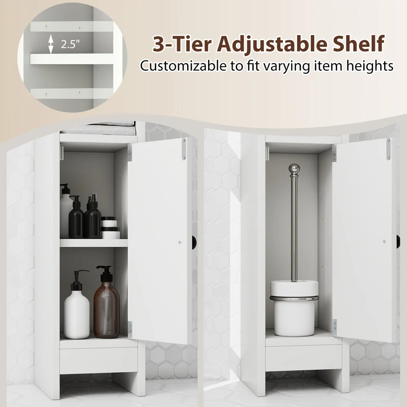 Slim Corner Bathroom Cabinet With Door, Adjustable Shelf, White