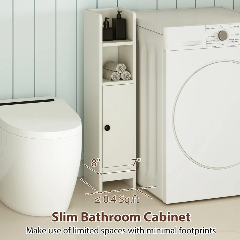 Slim Corner Bathroom Cabinet With Door, Adjustable Shelf, White