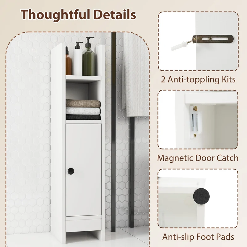 Slim Corner Bathroom Cabinet With Door, Adjustable Shelf, White