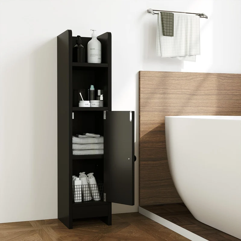 Slim Corner Bathroom Cabinet With Door, Adjustable Shelf, Black