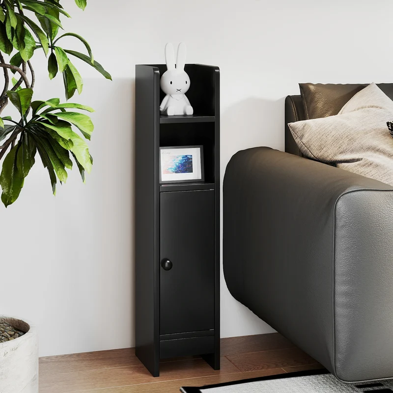 Slim Corner Bathroom Cabinet With Door, Adjustable Shelf, Black