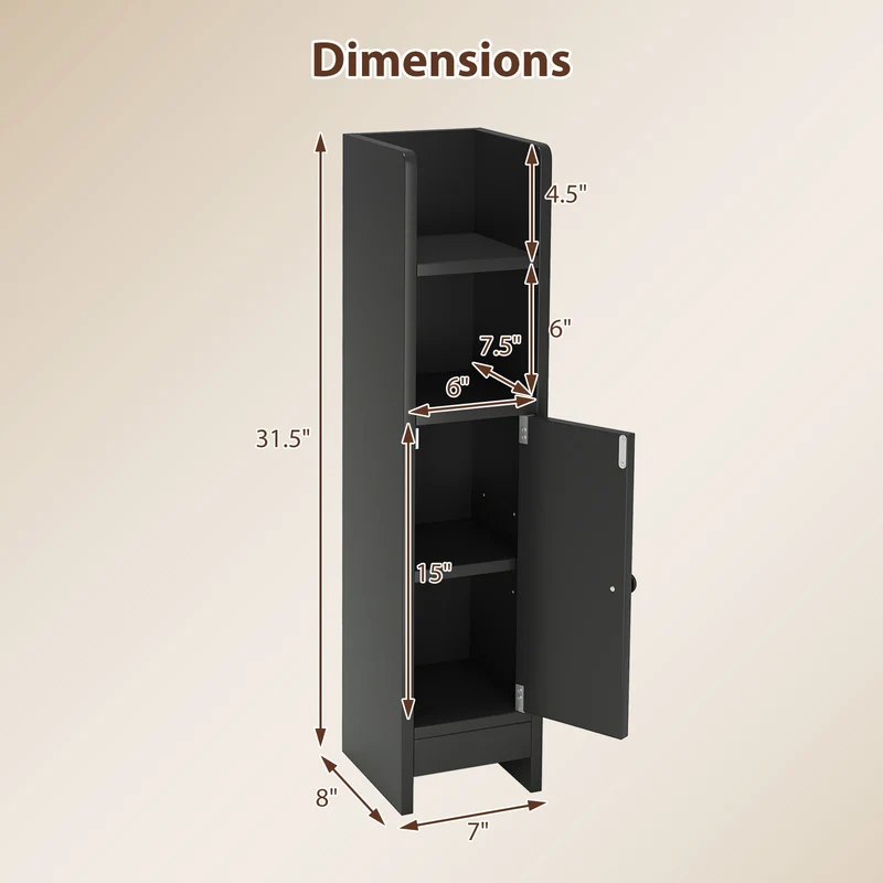 Slim Corner Bathroom Cabinet With Door, Adjustable Shelf, Black