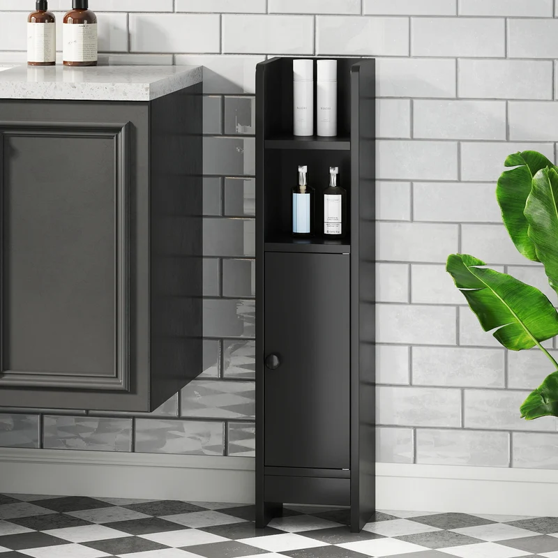 Slim Corner Bathroom Cabinet With Door, Adjustable Shelf, Black