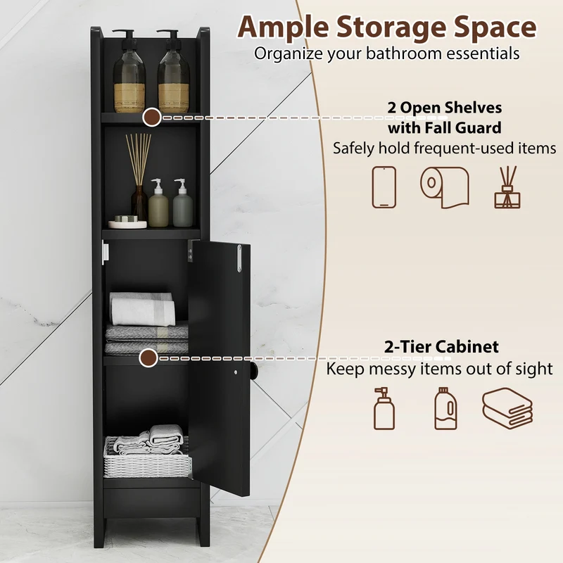 Slim Corner Bathroom Cabinet With Door, Adjustable Shelf, Black