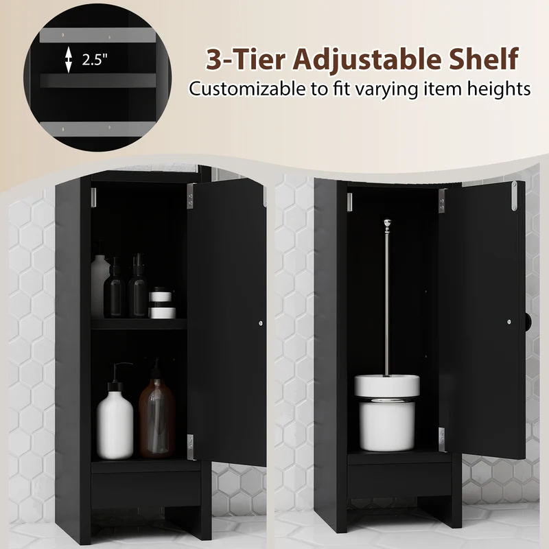 Slim Corner Bathroom Cabinet With Door, Adjustable Shelf, Black